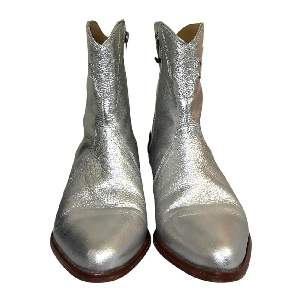 Free People Women's 'New Frontier' Leather Western Bootie Silver Size 38 EU 8 US